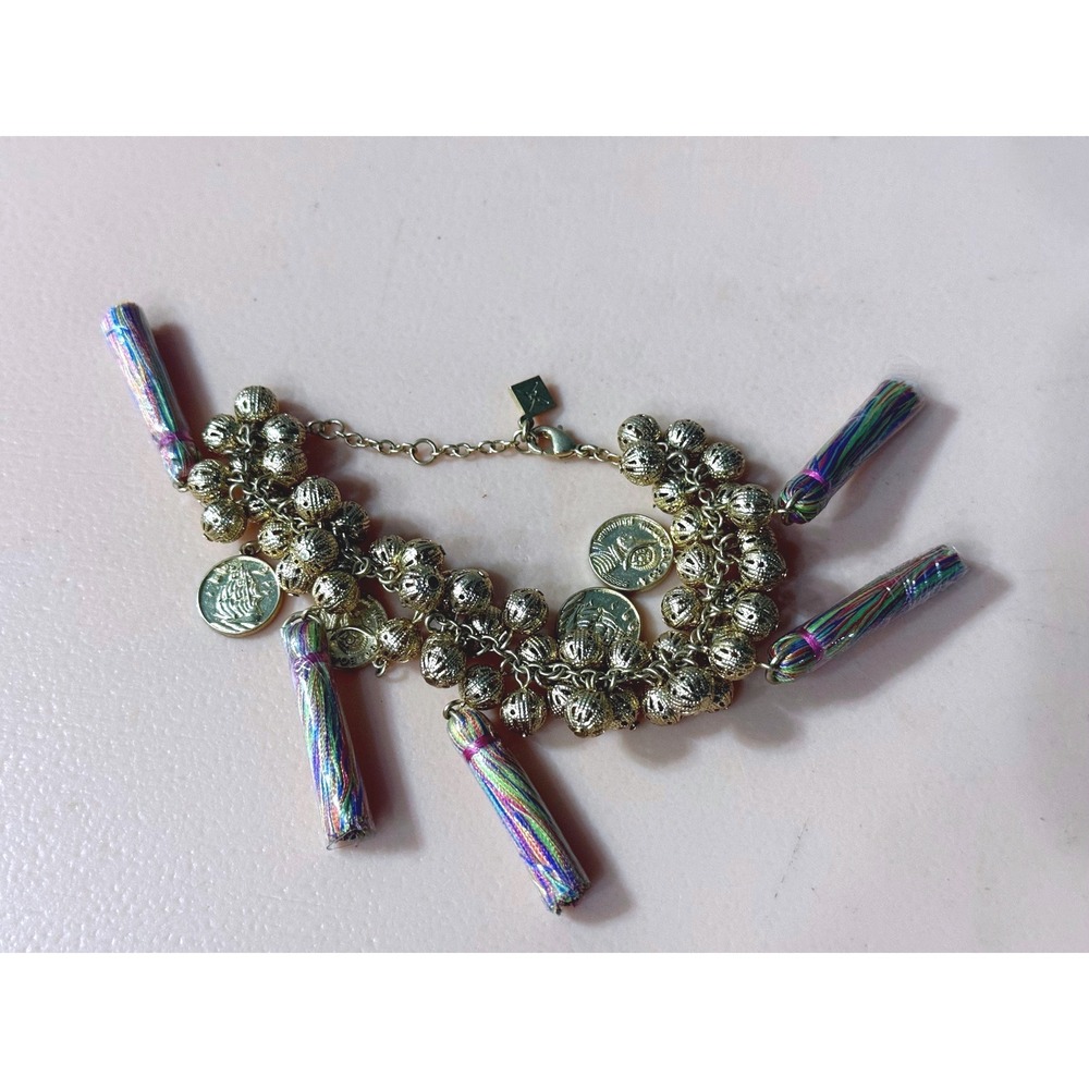 Gold Tone Boho Charm Bracelet with Coins Tassels‎ and Filigree Beads Multi Color